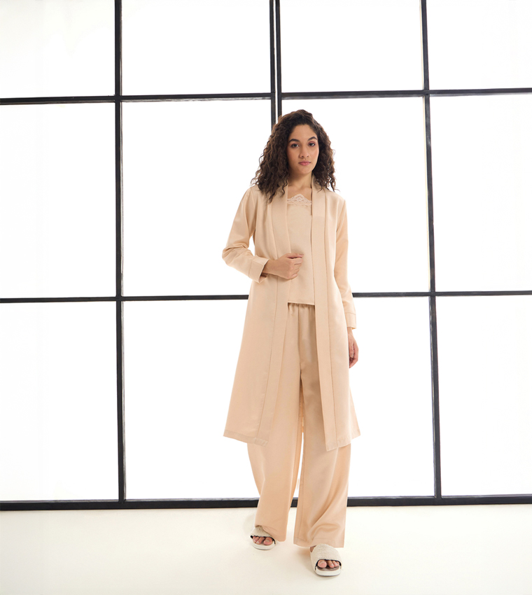 3-Piece Satin Strappy Cami, Pants and Kimono Set