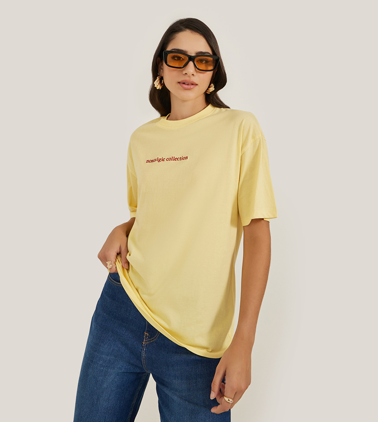 Embroidered Slogan Crew Neck Oversized T-Shirt