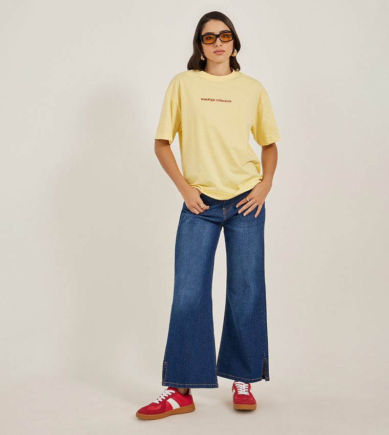 Embroidered Slogan Crew Neck Oversized T-Shirt