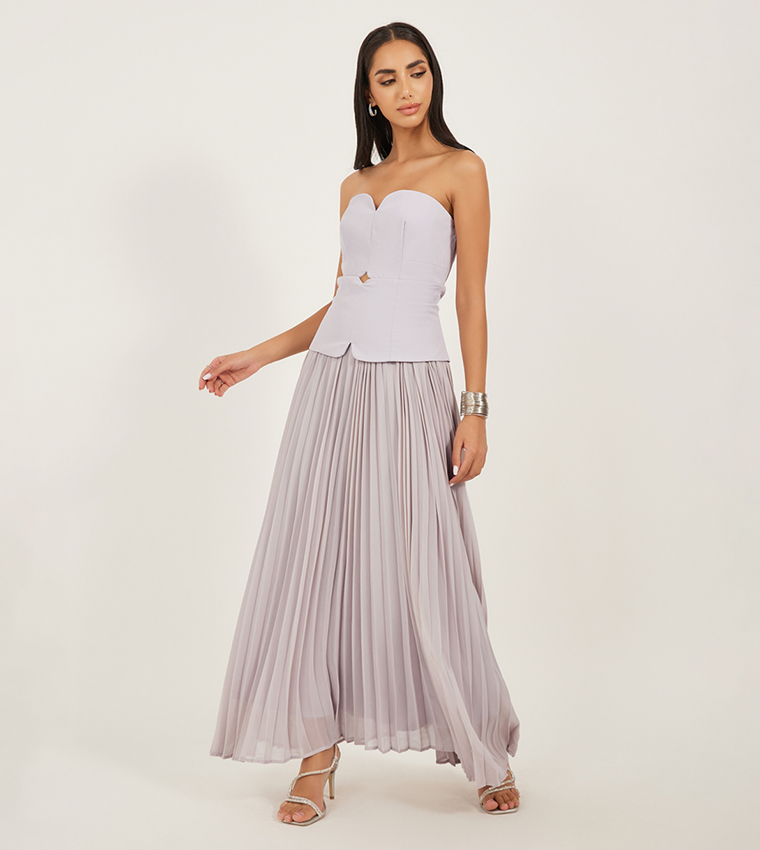 Plain Pleated Strapless A-Line Maxi Dress