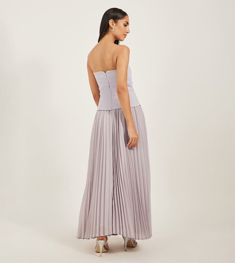 Plain Pleated Strapless A-Line Maxi Dress