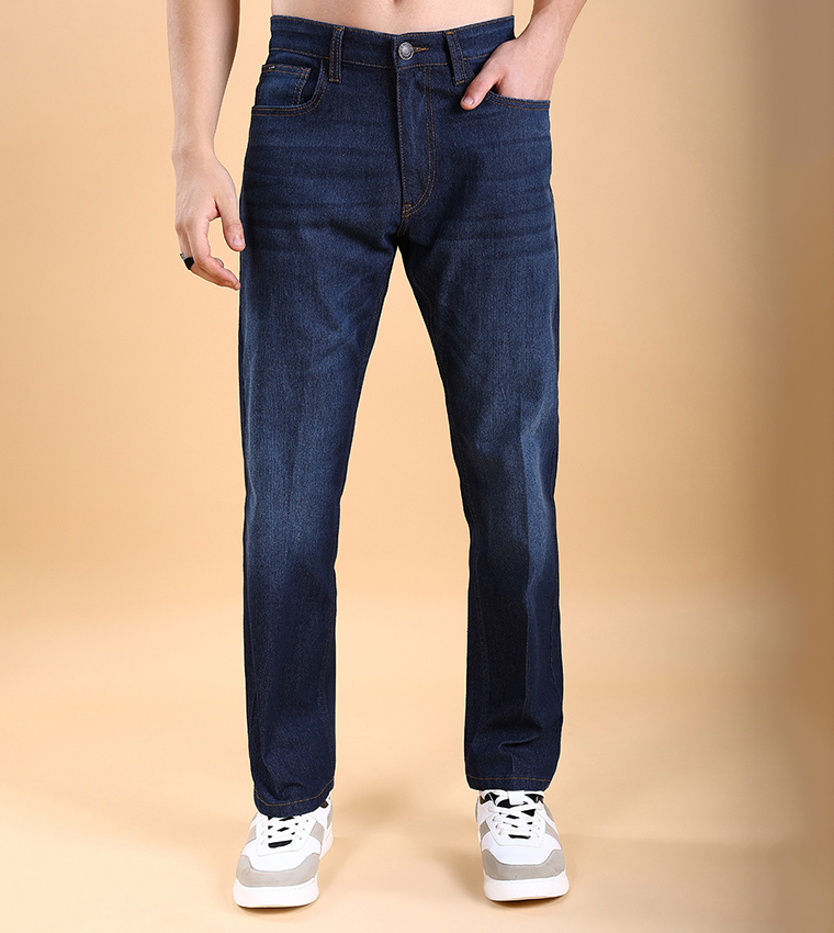 Mid Rise Straight Fit Stretchy Faded Jeans