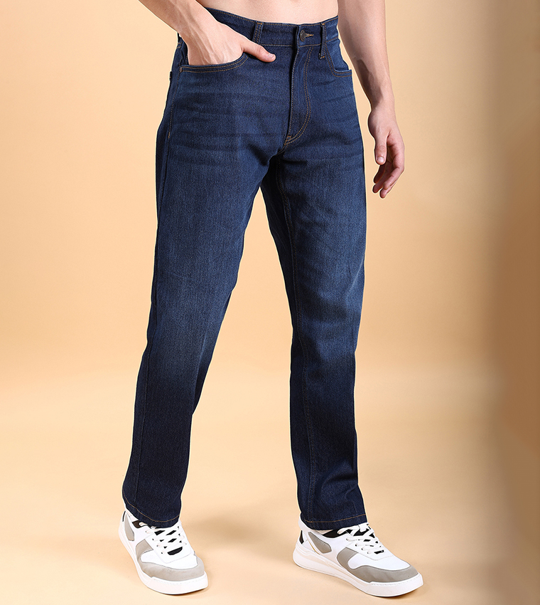 Mid Rise Straight Fit Stretchy Faded Jeans