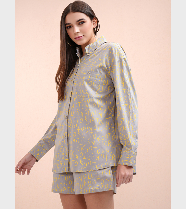 Buy Tokyo Talkies All Over Print Collared Shirt With Mid Rise - Main Image