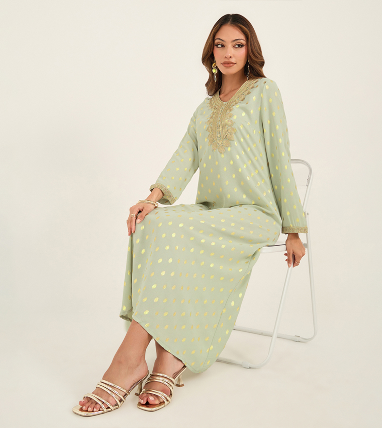Foil Print Lace Detail Crew Neck Kaftan