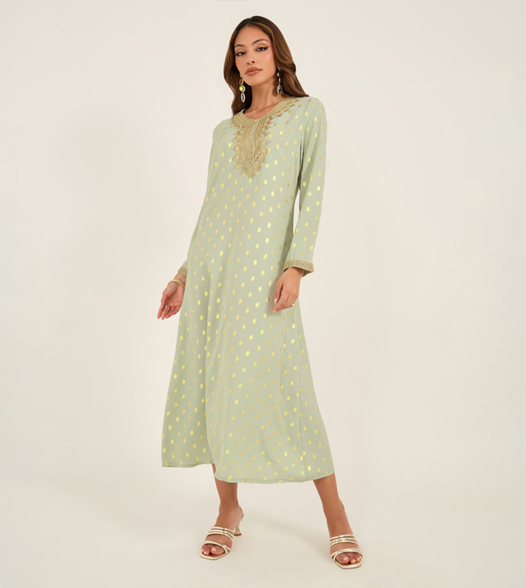 Foil Print Lace Detail Crew Neck Kaftan