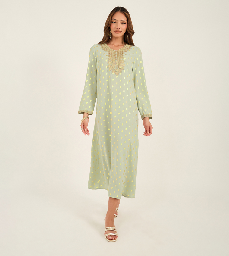 Foil Print Lace Detail Crew Neck Kaftan