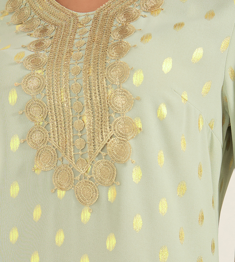 Foil Print Lace Detail Crew Neck Kaftan
