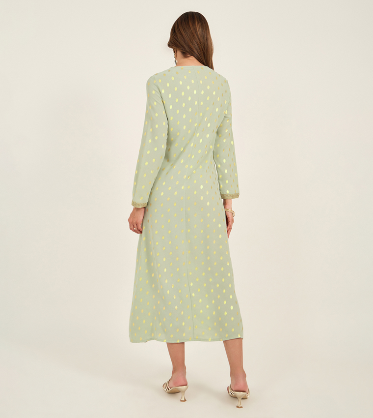 Foil Print Lace Detail Crew Neck Kaftan