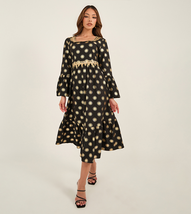 Foil Print Lace Detail Square Neck Midi Dress