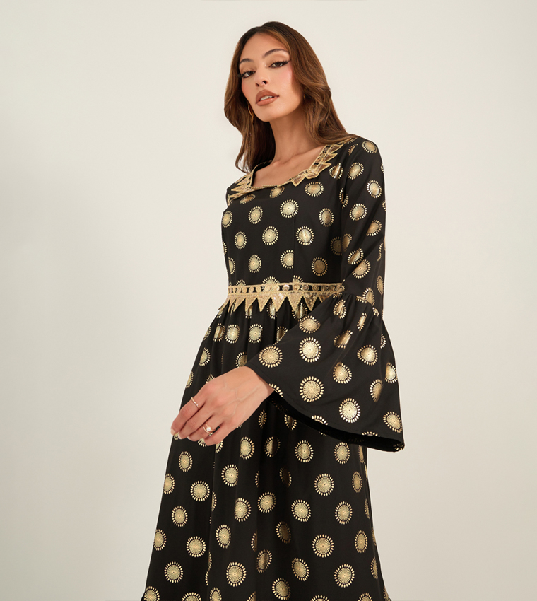 Foil Print Lace Detail Square Neck Midi Dress