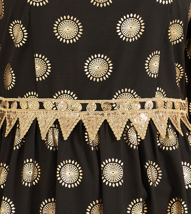 Foil Print Lace Detail Square Neck Midi Dress