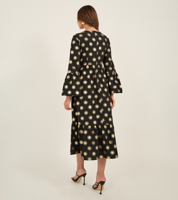 Foil Print Lace Detail Square Neck Midi Dress