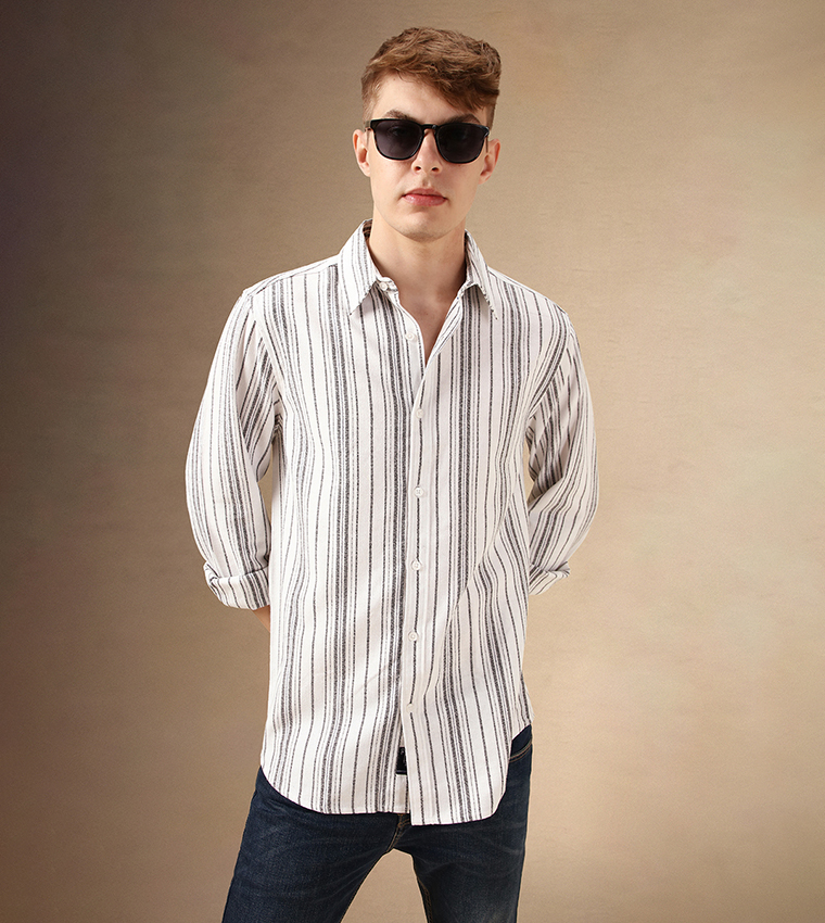 Striped Relaxed Fit Spread Collar Curved Hem Shirt