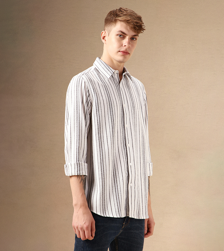 Striped Relaxed Fit Spread Collar Curved Hem Shirt