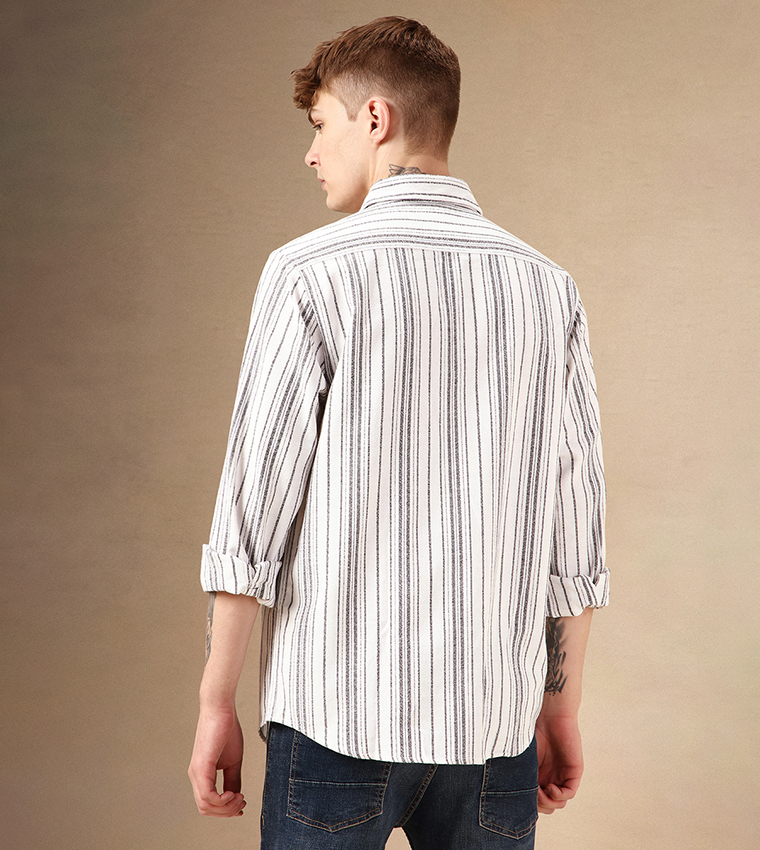 Striped Relaxed Fit Spread Collar Curved Hem Shirt