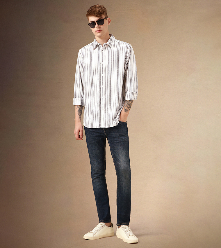 Striped Relaxed Fit Spread Collar Curved Hem Shirt