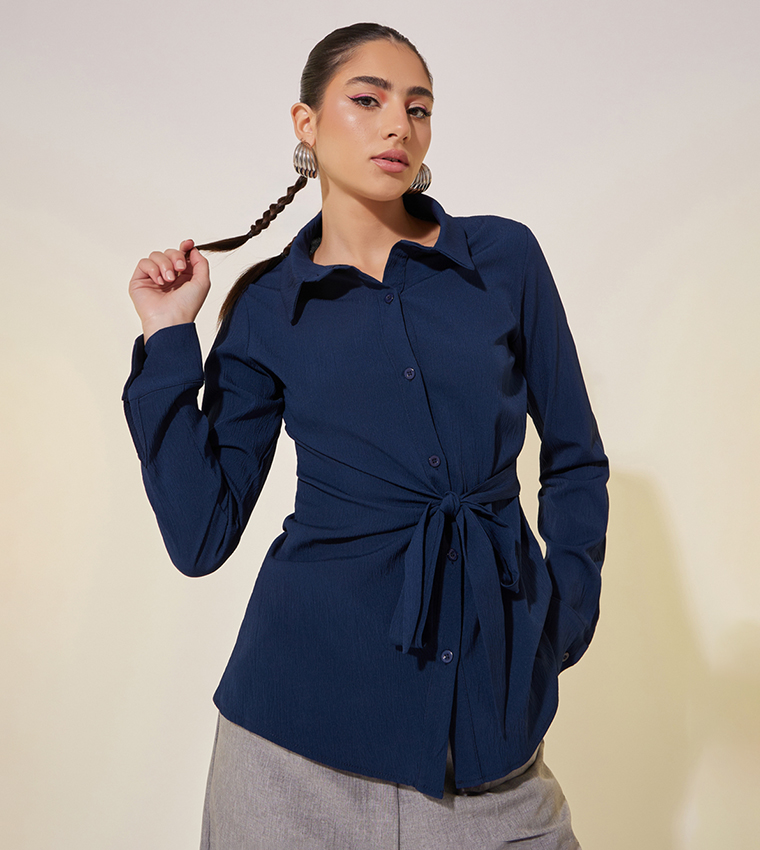 Solid Long Sleeves Collared Wrap Shirt