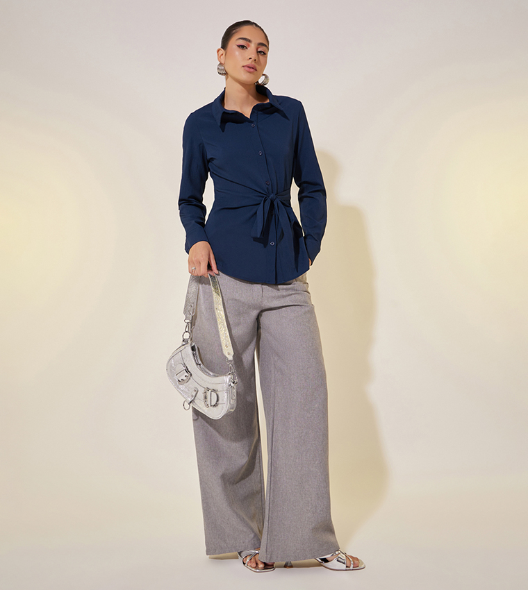Solid Long Sleeves Collared Wrap Shirt