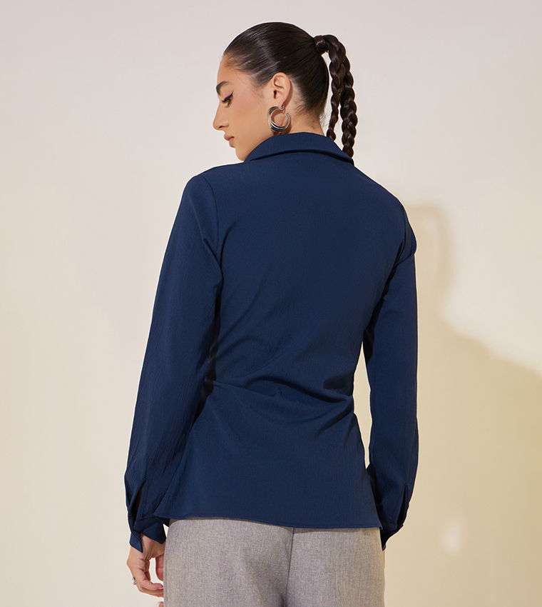 Solid Long Sleeves Collared Wrap Shirt