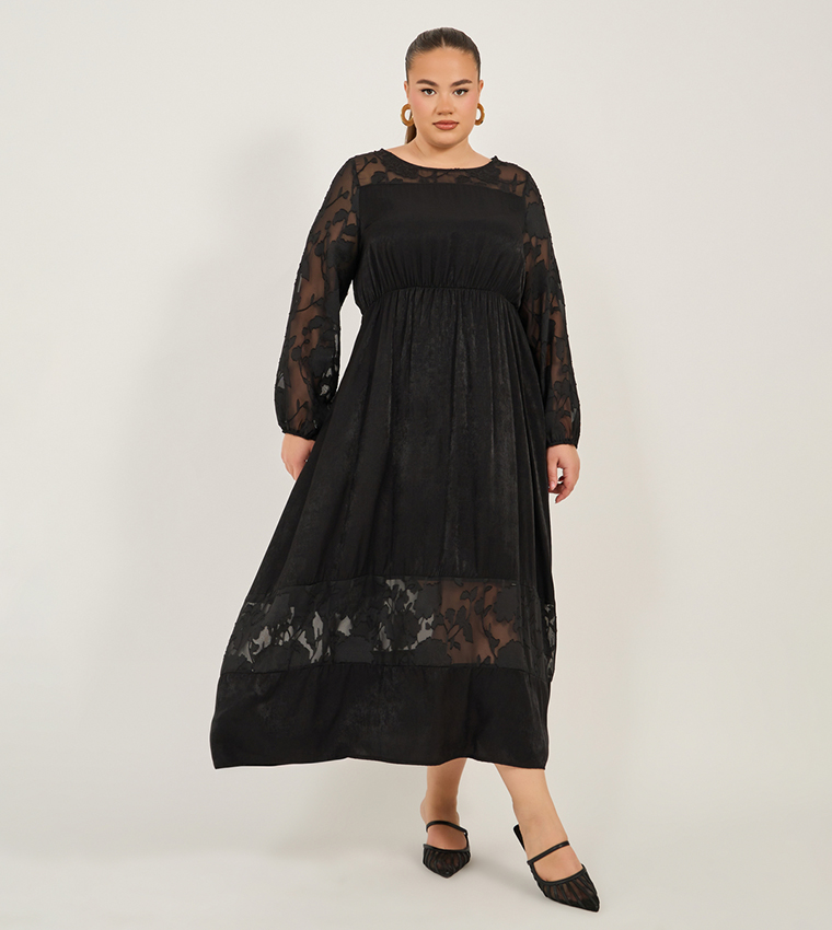 Long Sleeve Aline Midaxi Dress with Interest Fabric