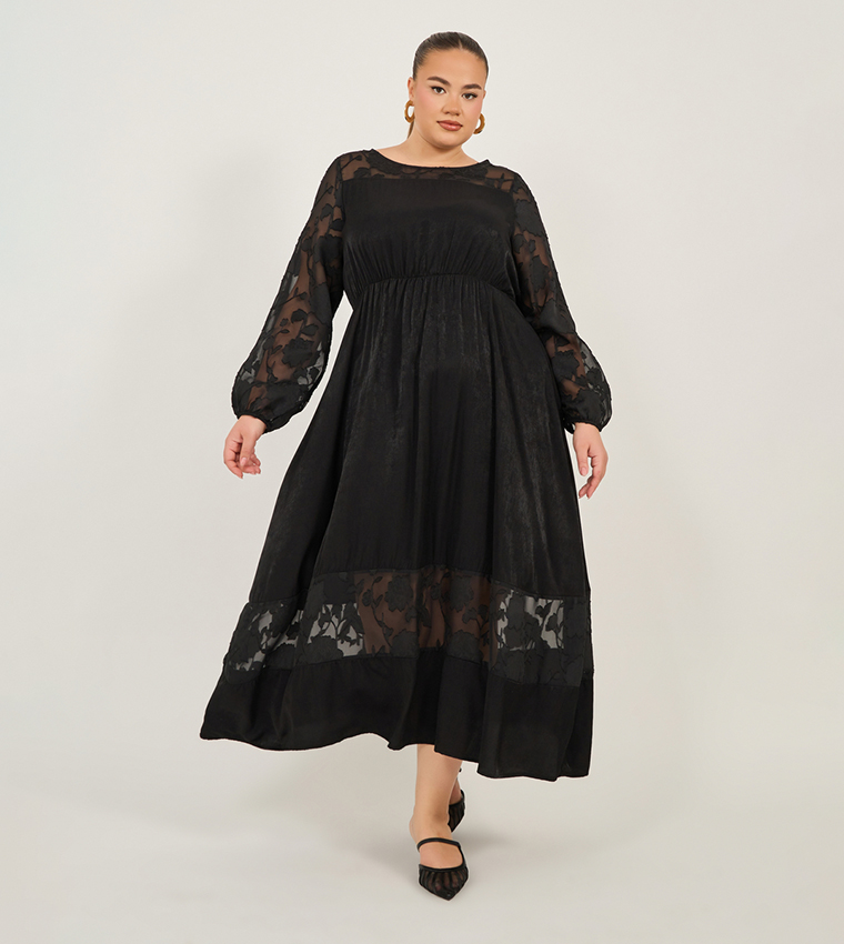 Long Sleeve Aline Midaxi Dress with Interest Fabric