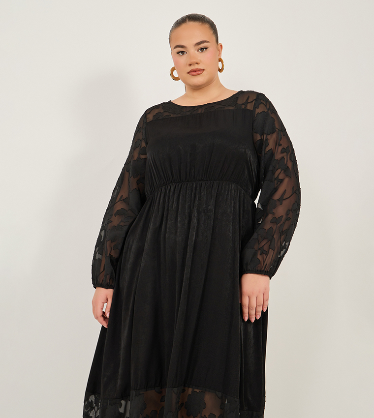 Long Sleeve Aline Midaxi Dress with Interest Fabric