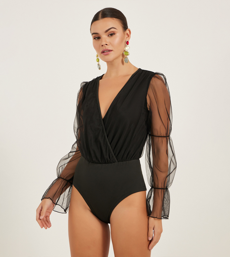 V-Neck Mesh Puff Long Sleeves Top