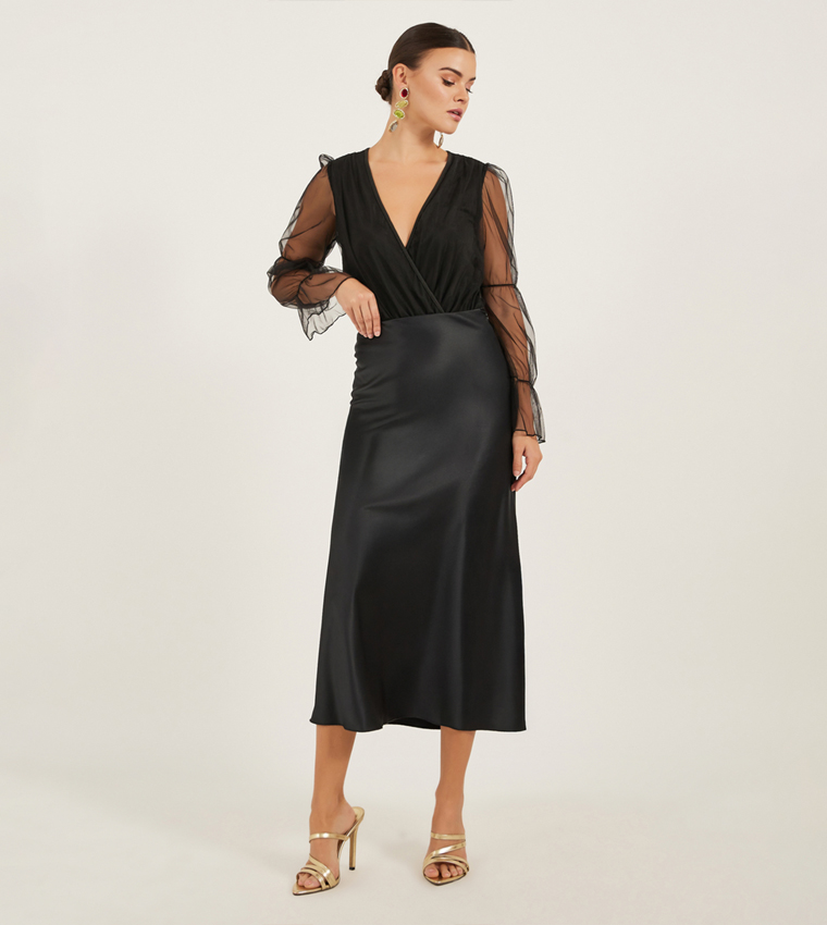 V-Neck Mesh Puff Long Sleeves Top