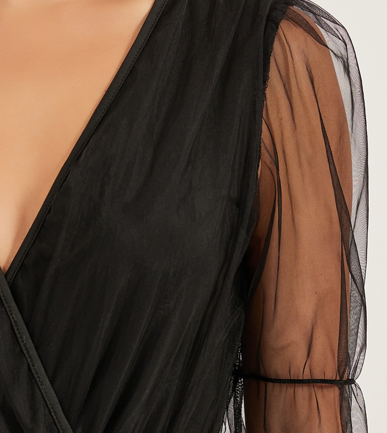 V-Neck Mesh Puff Long Sleeves Top
