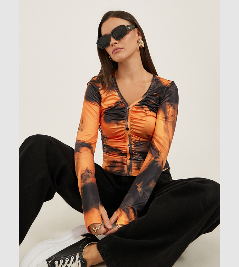 Printed V-Neck Long Sleeves Ruched Top