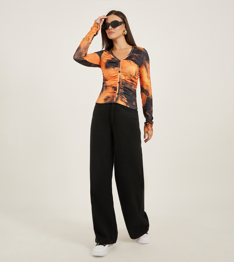 Printed V-Neck Long Sleeves Ruched Top