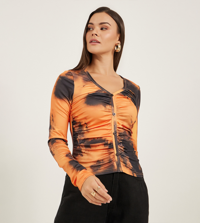 Printed V-Neck Long Sleeves Ruched Top