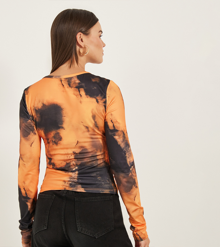 Printed V-Neck Long Sleeves Ruched Top