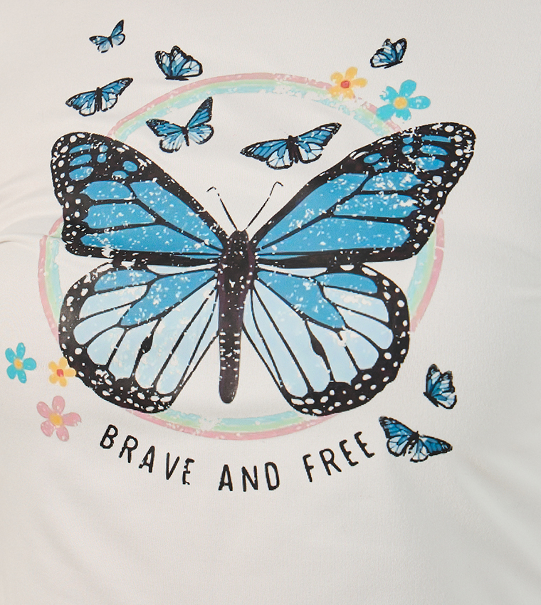 Butterfly Printed Long Sleeves Crop Top