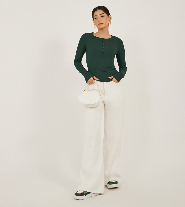 Slim Fit Buttoned Crew Neck Top