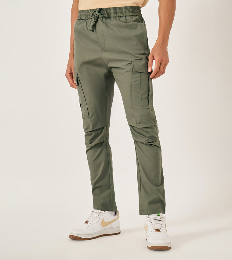 Solid Drawstring Waist Straight Fit Cargo Pants