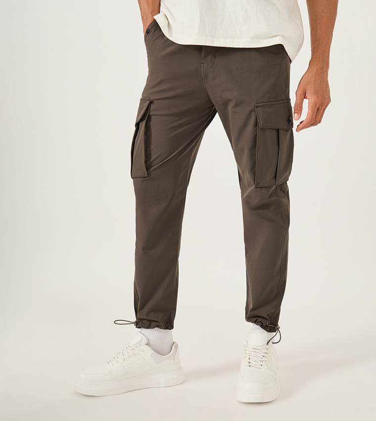 Buy Fort Collins Solid Cargo Pants With Drawstring Hem In Brown