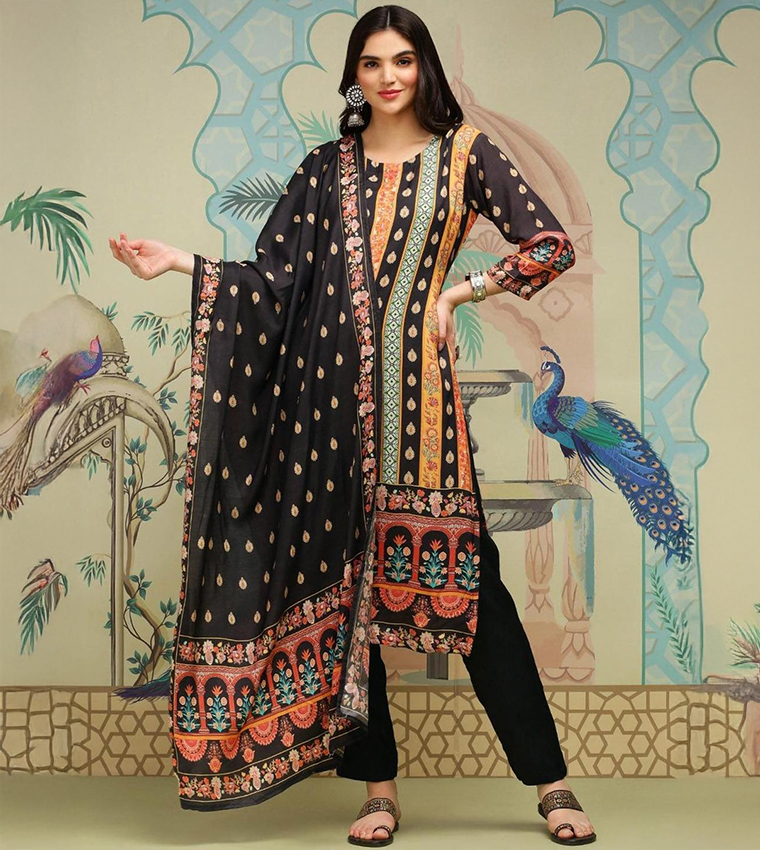 Printed Crew Neck Kurta and Trousers with Dupatta Set