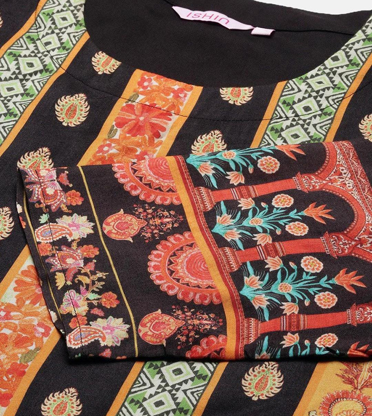 Printed Crew Neck Kurta and Trousers with Dupatta Set