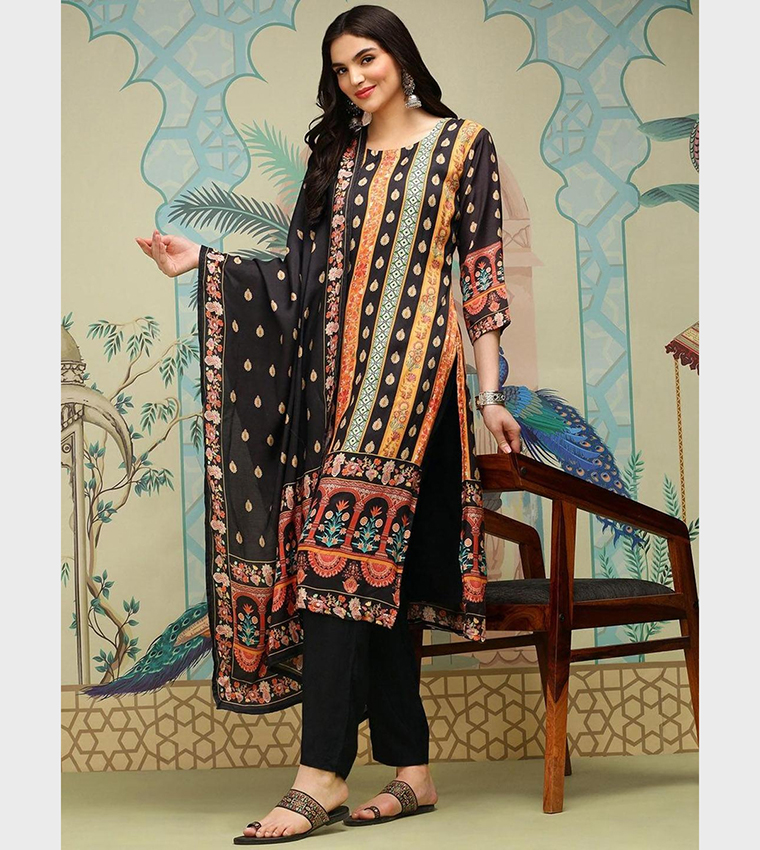 Printed Crew Neck Kurta and Trousers with Dupatta Set