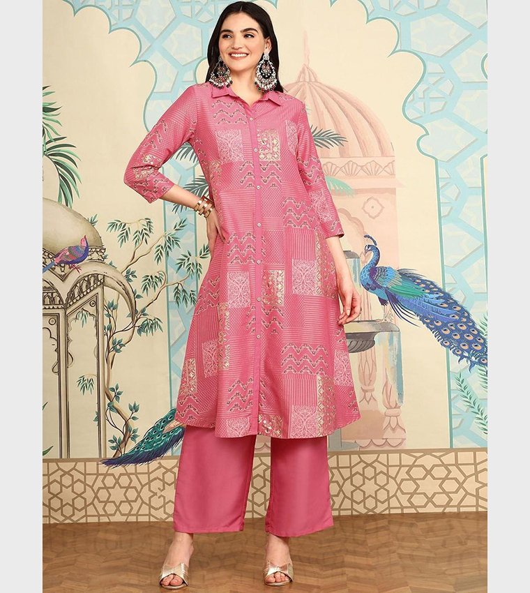 Printed Collared A-Line Kurta and Pant Sets