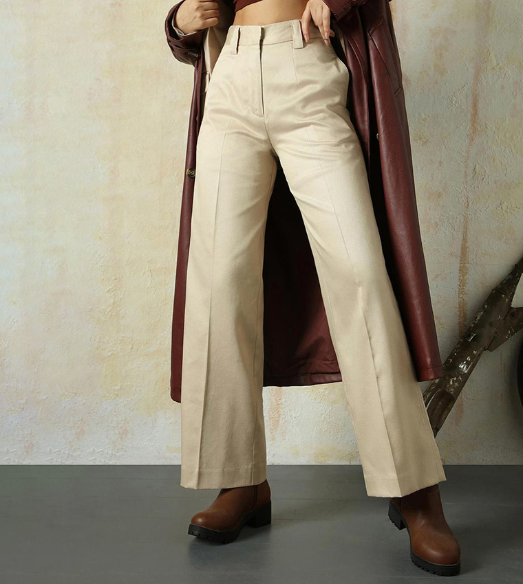 Solid High Rise Trousers with Belt Loops