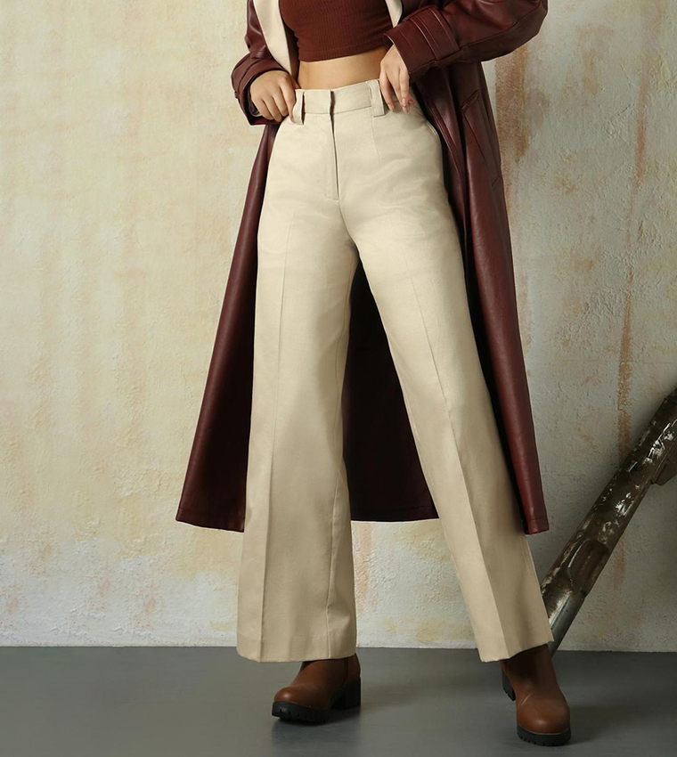 Solid High Rise Trousers with Belt Loops