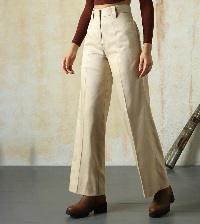 Solid High Rise Trousers with Belt Loops