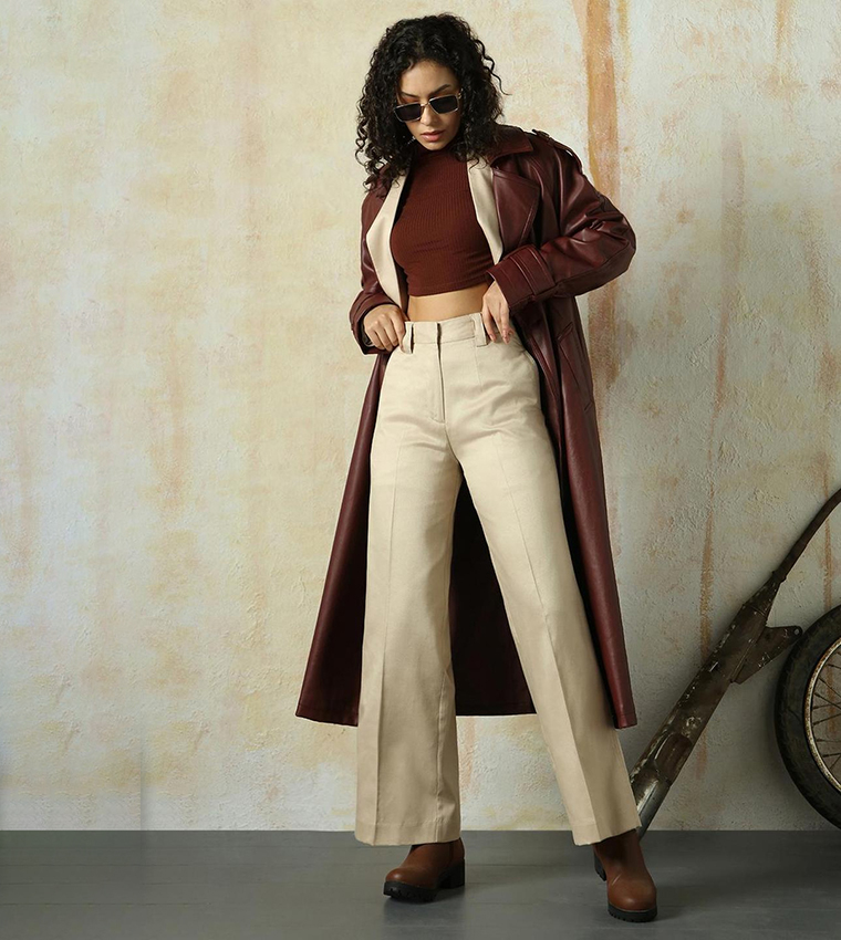 Solid High Rise Trousers with Belt Loops