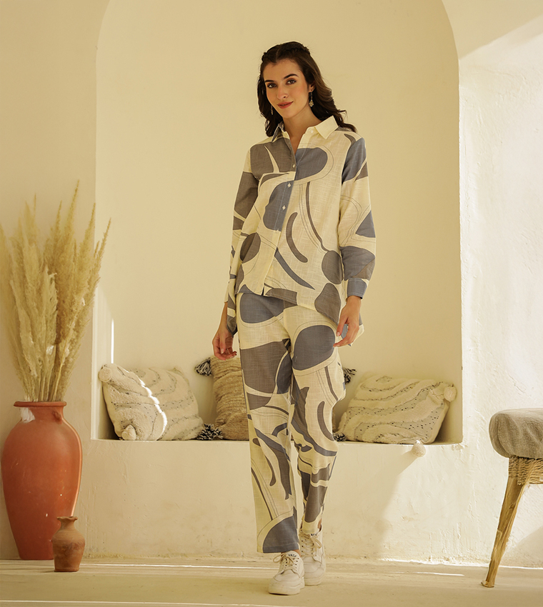 Printed Spread Collar Shirt and Trouser Set