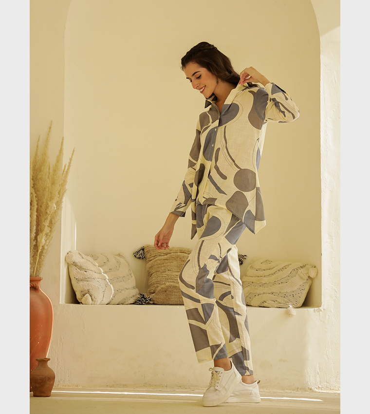 Printed Spread Collar Shirt and Trouser Set