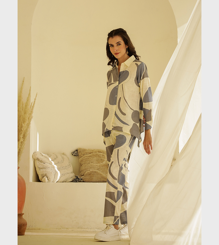 Printed Spread Collar Shirt and Trouser Set