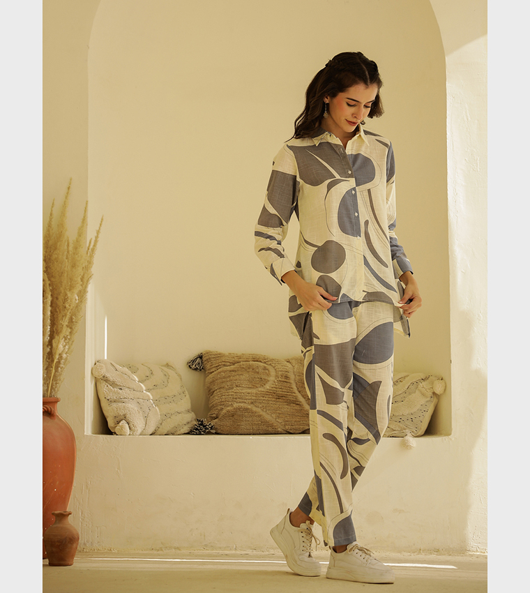 Printed Spread Collar Shirt and Trouser Set